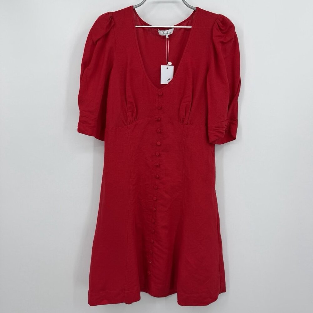 Parker Women's Linen Blend Kierra Dress sz 6 Jungle Red Short Sleeve Fx Buttons